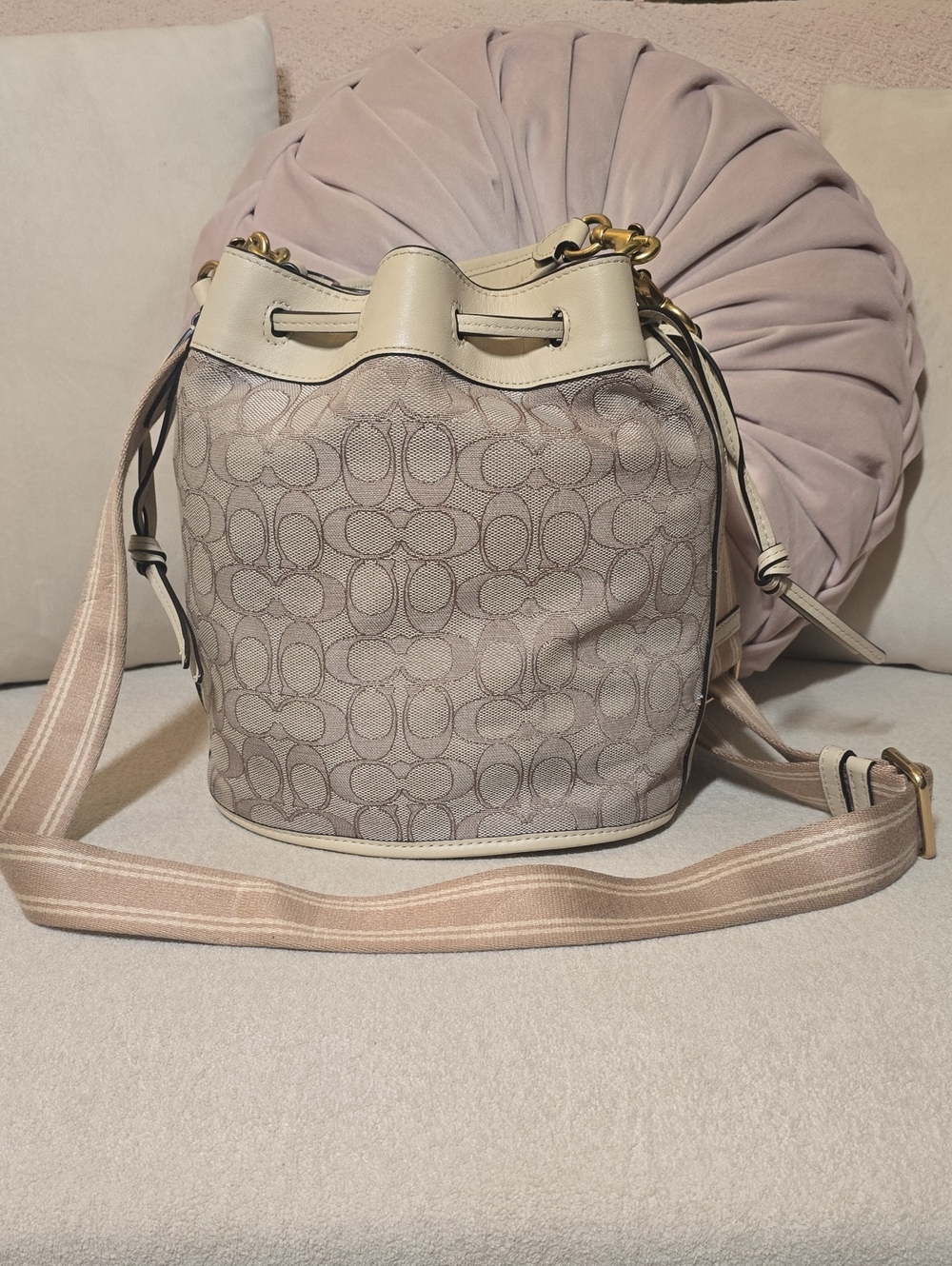 COACH Signature Jacquard Field Bucket Bag Crossbody Stone Ivory C3853